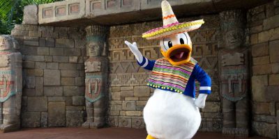 Donald Duck, dressed in a colorful Mexican-inspired sombrero and poncho at Disney World