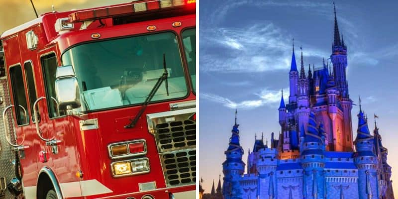 Left: A close-up of a red fire truck. Right: The iconic Cinderella Castle at Magic Kingdom, lit up at dusk against a blue sky.