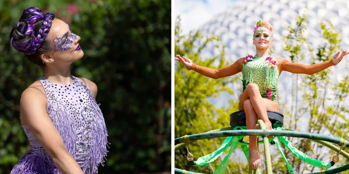 Split image: On the left, a performer with purple braided hair and sparkling face paint in a lavender, sparkly costume looks upward. On the right, a performer in green poses with arms raised on a hoop—like a scene from a Disney World attraction closing.