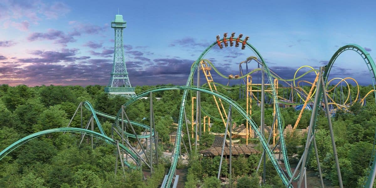 Roller coaster and Eiffel Tower replica at Kings Dominion