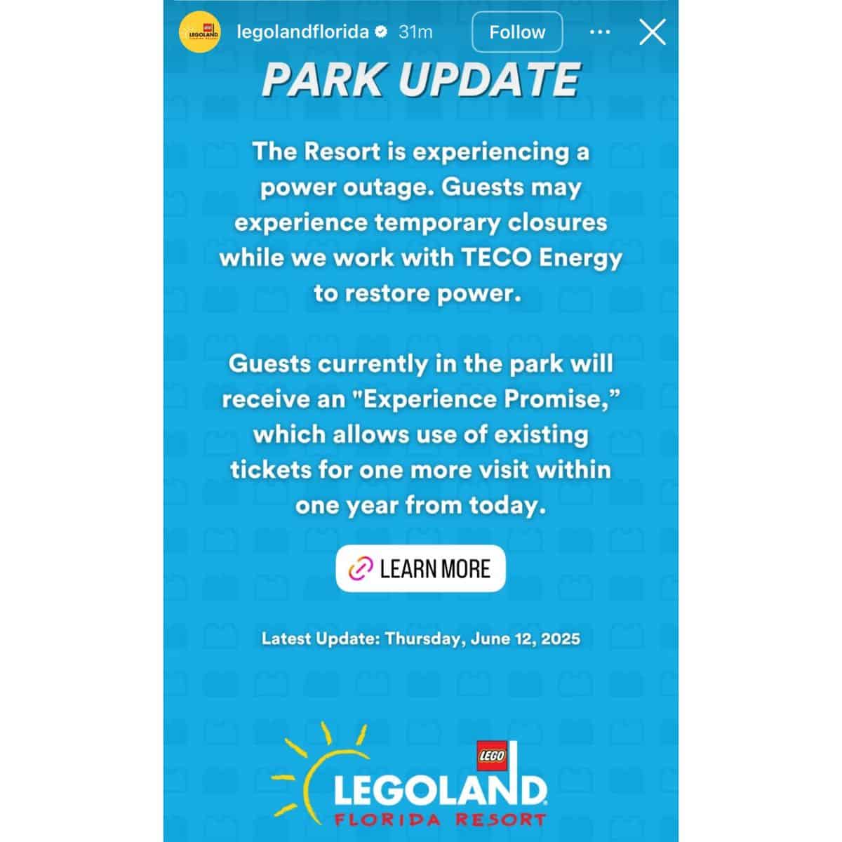 A notice from LEGOLAND Florida Resort announces a power outage and possible temporary closures throughout the park. 