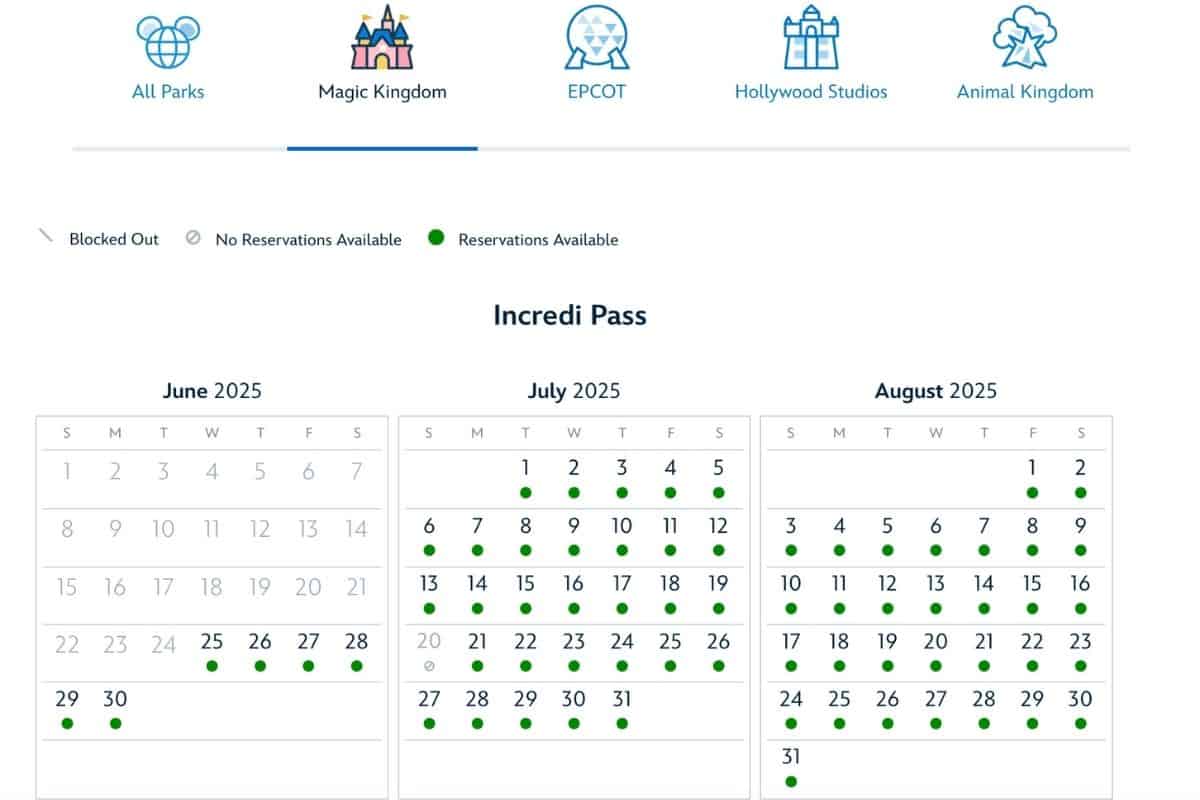 A reservation calendar for Magic Kingdom Park shows that reservations are sold out for Annual Passholders on July 20