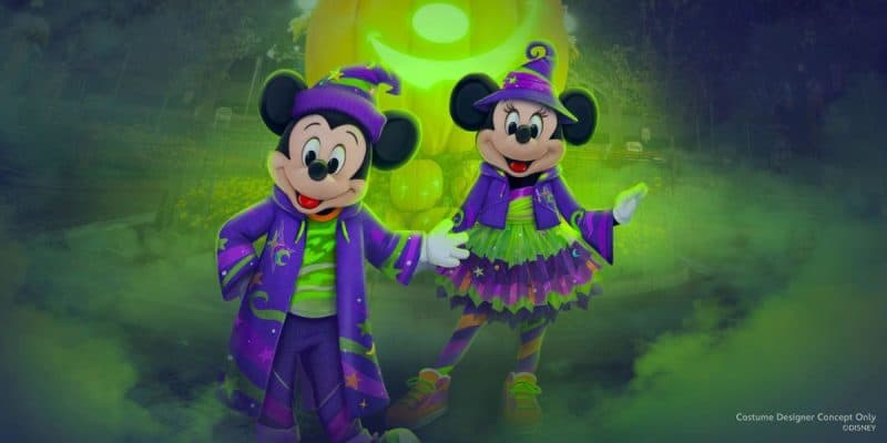 Mickey Mouse and Minnie Mouse wear matching purple and green Halloween costumes for Oogie Boogie Bash at this Disney park.