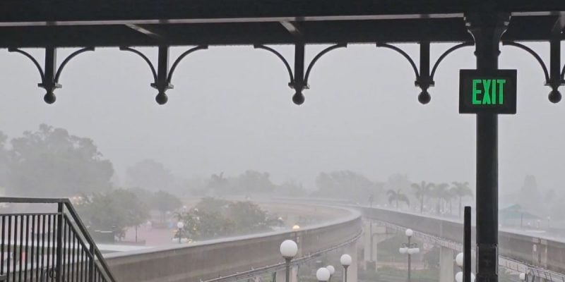 Rain makes the Contemporary Resort invisible from the Magic Kingdom Monorail station at Walt Disney World.