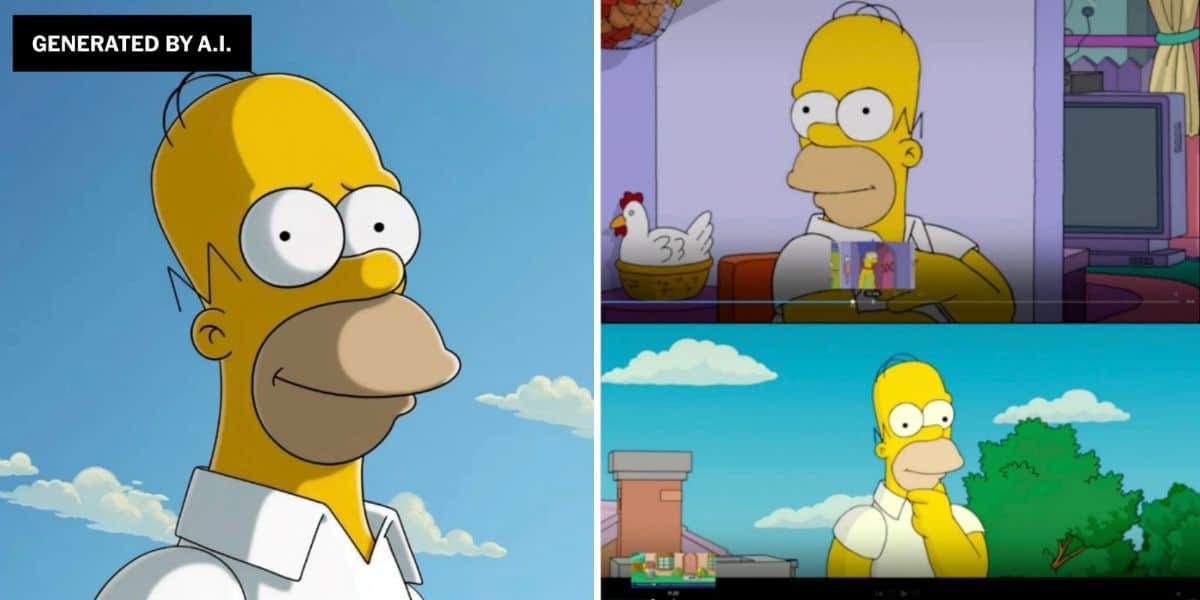 A split image showing three versions of Homer Simpson: one realistic, AI-generated Disney-style portrait on the left, and two animated scenes from "The Simpsons" on the right, with Homer in different poses and backgrounds.