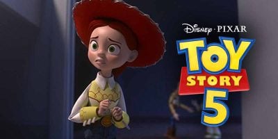Jessie, a cowgirl doll from Toy Story, looks concerned while standing near a doorway. The Disney Pixar Toy Story 5 logo and hints of a New Character named LilyPad are prominently displayed on the right side of the image.