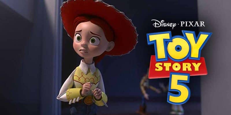 Jessie, a cowgirl doll from Toy Story, looks concerned while standing near a doorway. The Disney Pixar Toy Story 5 logo and hints of a New Character named LilyPad are prominently displayed on the right side of the image.