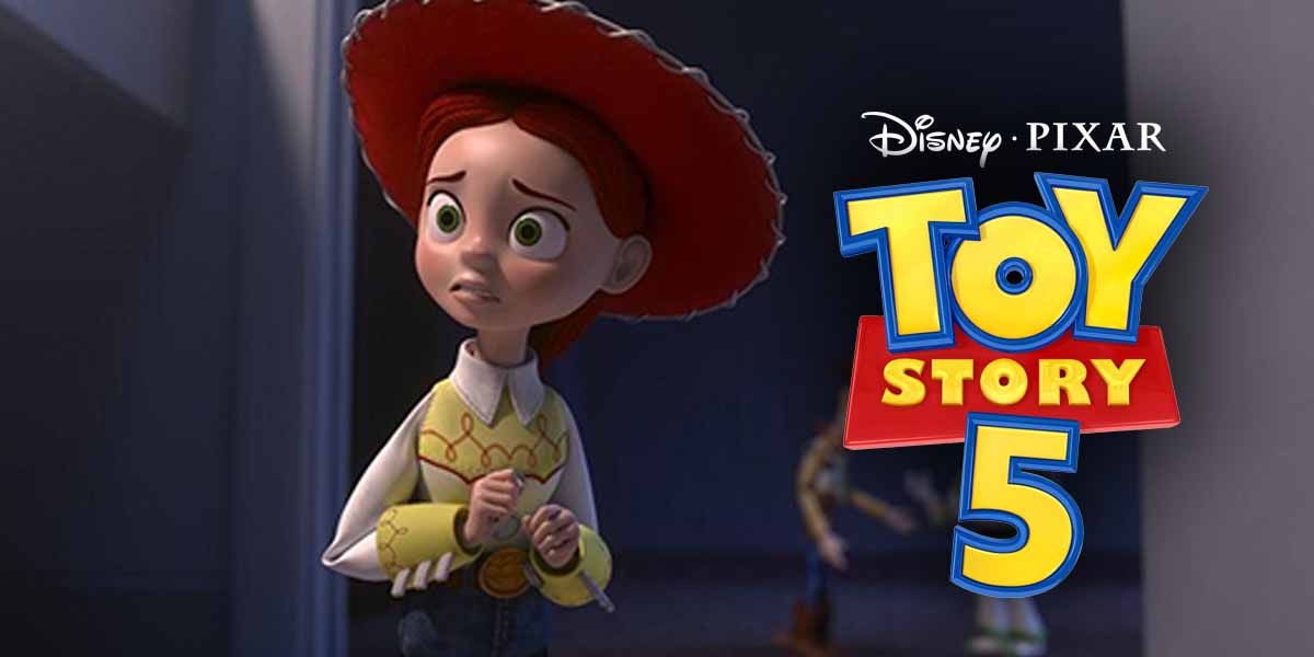 Jessie, a cowgirl doll from Toy Story, looks concerned while standing near a doorway. The Disney Pixar Toy Story 5 logo and hints of a New Character named LilyPad are prominently displayed on the right side of the image.