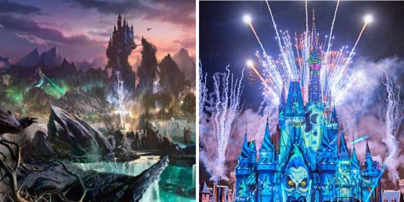 On the left, a dark fantasy castle stands among jagged rocks and glowing waters; on the right, the magic kingdom dazzles with colorful fireworks exploding in the night sky, creating a festive atmosphere.