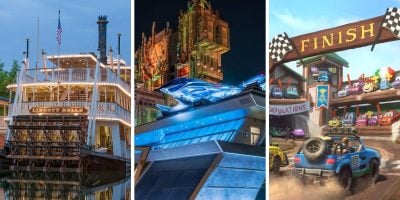 A collage of the Liberty Belle Riverboat, Avengers Campus, Cars Land Expansion Magic Kingdom
