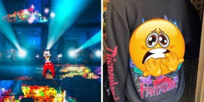 Split image: Left side shows Disney’s Mickey Mouse performing on a colorful, illuminated Fantasmic! stage. Right side shows a person in Fantasmic merchandise—a sweatshirt—partially covered by a large worried emoji.