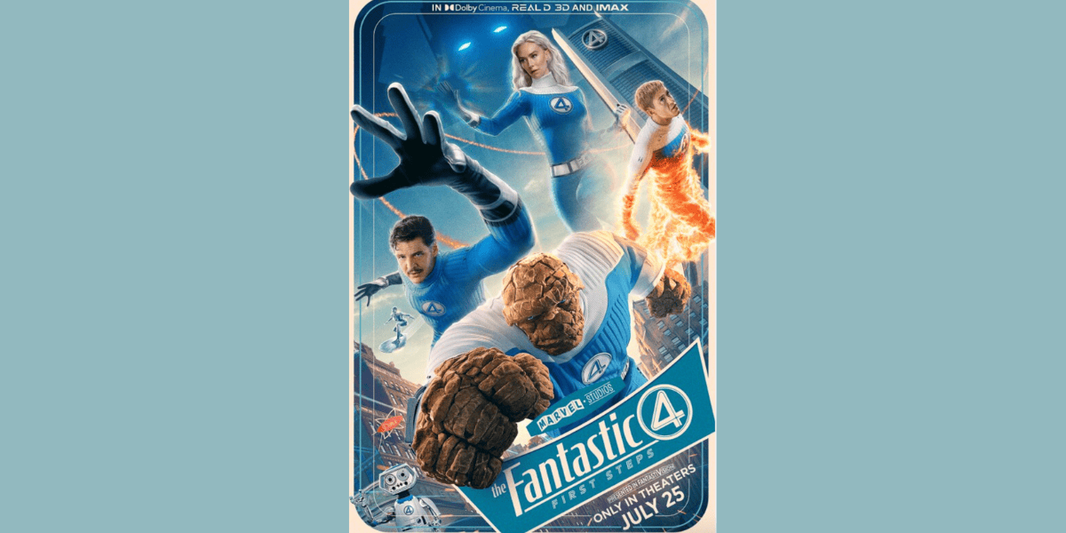 Movie poster for "Fantastic Four: Rise of the Silver Surfer" featuring the MCU’s iconic superheroes in blue suits displaying their powers—stretching, invisibility, flames, and rock-like skin—with city buildings in the background.