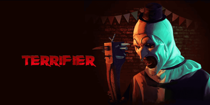 A menacing clown in a white costume and black hat holds a bloody knife and grins evilly. The word "TERRIFIER" appears in bold, red, jagged letters on a dark background with party banners overhead, hinting at a Universal Orlando announcement.
