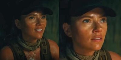 Split image: L - Scarlett Johansson smiling in a cave, R - Scarlett Johansson looking disappointed in a cave. Same scene from 'Jurassic World Rebirth'