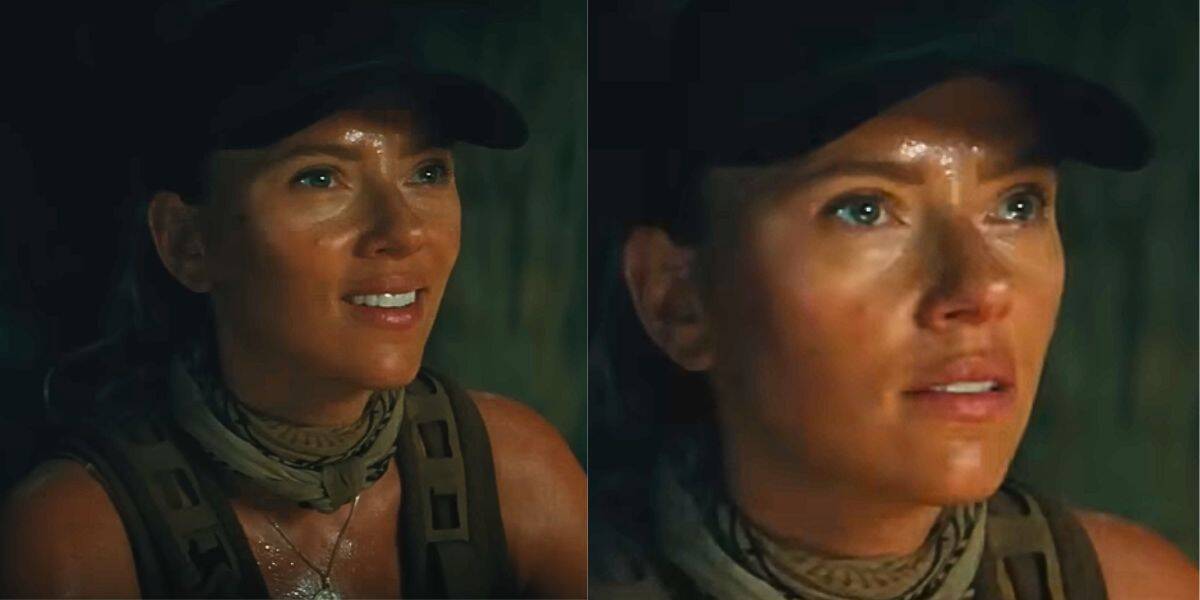 Split image: L - Scarlett Johansson smiling in a cave, R - Scarlett Johansson looking disappointed in a cave. Same scene from 'Jurassic World Rebirth'