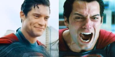 Split image: David Corenswet as Superman smiling on the left, Henry Cavill screaming as Superman on the right
