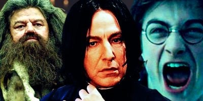 Split image: L - Robbie Coltrane as Hagrid, M - Alan Rickman as Snape, R - Daniel Radcliffe as Harry
