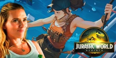 Mixed image: L - Scarlett Johansson smiling in 'Jurassic World Rebirth', M - a playable 'Rebirth' character in "Honor of Kings", R - the 'Jurassic World Rebirth' logo