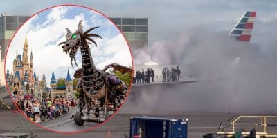 A smoky airport scene with people near a plane, overlaid with a circular image of a Disney parade featuring a large dragon float and spectators in front of a castle.