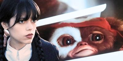Split image: Jenna Ortega as Wednesday on the left, and Gizmo on the right