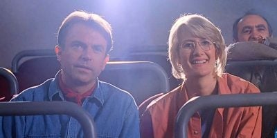 L to R: Alan, Ellie, and Gennaro in the movie theater in 'Jurassic Park'