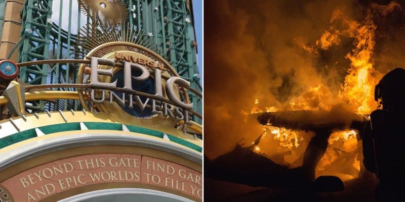 On the left, the Universal Epic Universe gate sign with decorative gold accents; on the right, an Epic Universe fire engulfs an object at night, with intense flames and smoke.