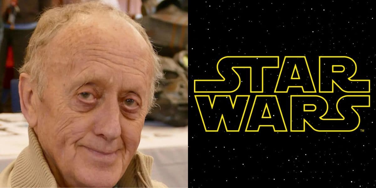 Kenneth Colley with light hair and a beige sweater smiles softly on the left. On the right, the "Star Wars" logo appears in bold yellow letters against a starry black background, highlighting the famed trilogy actor’s enduring legacy.