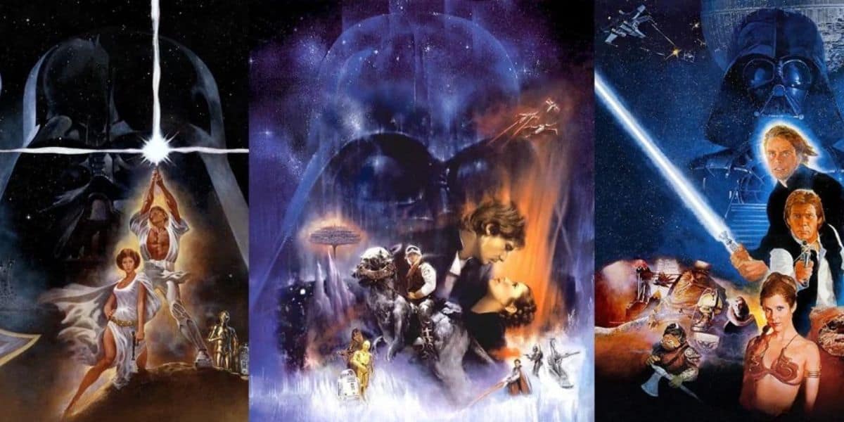Three classic "Star Wars" movie posters side by side, each featuring iconic Original Trilogy actors like Luke Skywalker, Princess Leia, and Han Solo, alongside Darth Vader and vibrant space scenes as Lucasfilm and Hollywood actor Kenneth Colley passes away at the age of 87.