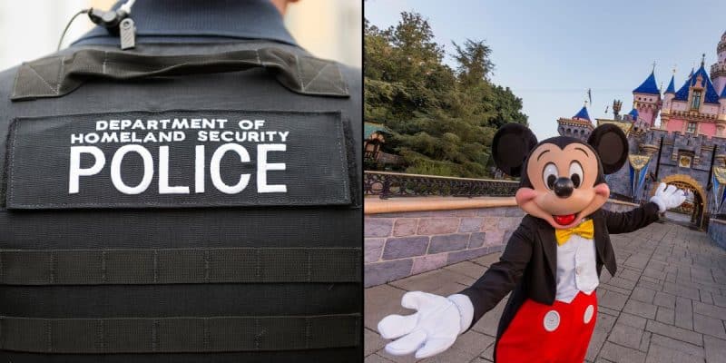 Left: Close-up of a person wearing a "Department of Homeland Security Police" vest. Right: Mickey Mouse character with open arms, standing in front of a colorful fairytale castle at a theme park located inside of Disneyland Park in Anahaim, California.
