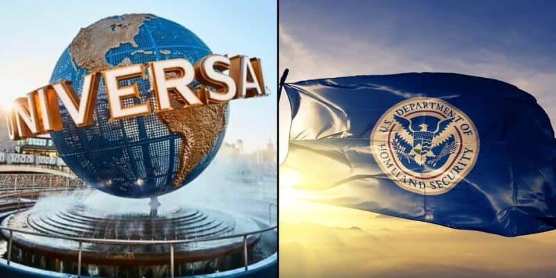 Left: The Universal Studios globe fountain with “UNIVERSAL” in large letters. Right: A U.S. Department of Homeland Security flag waving against a bright, cloudy sky as ICE agents at Universal Orlando.