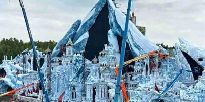 Large outdoor stage set resembling an icy mountain and frozen palace, surrounded by cranes and construction equipment, with a cloudy sky and trees in the background at Tomorrowland Festival, similar to the same named Magic Kingdom land.
