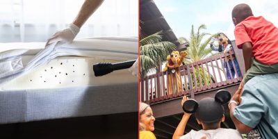 Left: A gloved hand lifts a mattress with visible bed bugs underneath. Right: Children look up and wave at Disney characters Goofy and Pluto on a balcony outside, with palm trees in the background as Disney hotel bedbugs have been reported.