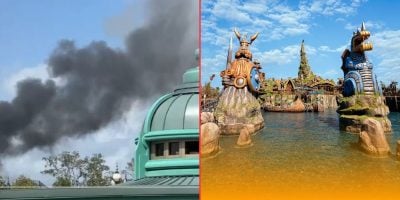 The image is split in two: the left side shows black smoke rising behind a green-domed building; the right side shows a Viking-themed water ride with dragon statues and a blue sky at Epic Universe.