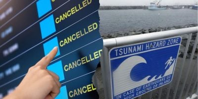 A hand points at a digital board showing multiple "CANCELLED" notices. Beside it, a "Tsunami Hazard Zone" warning sign stands near rocks by the sea under a cloudy sky as Disney guests scramble to find flights and safety away from the tsunami warnings striking Hawaii and California.