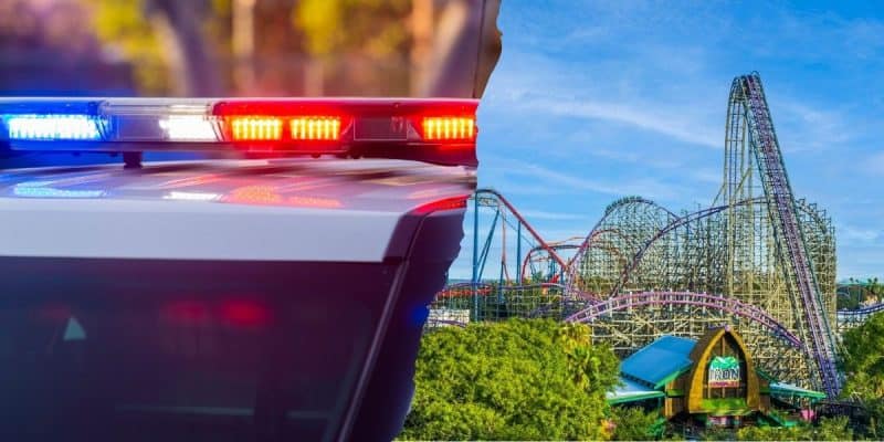 A split image shows police car lights flashing on the left and a colorful amusement park with roller coasters on the right under a blue sky near Busch Gardens.