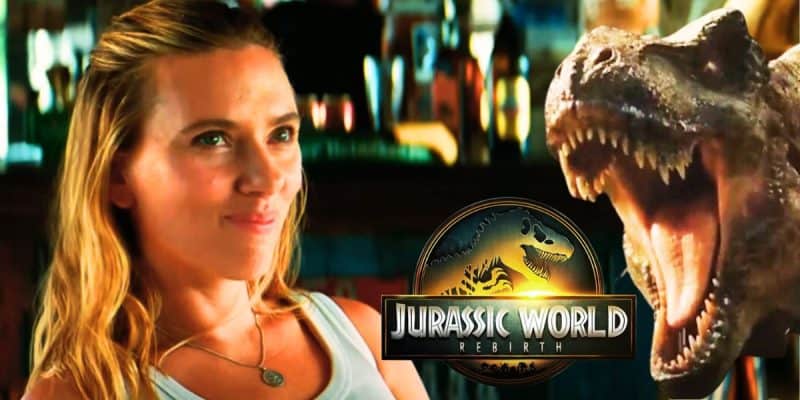 Mixed image: Scarlett Johansson smiling on the left in 'Jurassic World Rebirth', the 'Rebirth' logo in the center, and the 'Rebirth' T-Rex roaring on the right