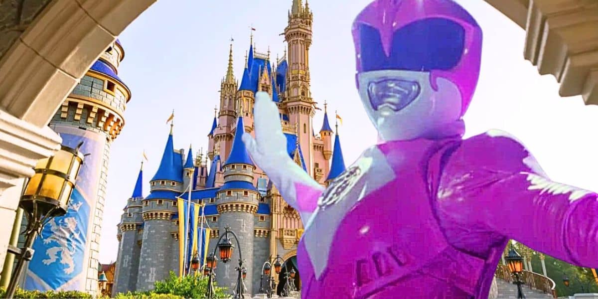 Split image: Disney World castle in the background, Pink Ranger from 'Power Rangers: The Movie' in the foreground
