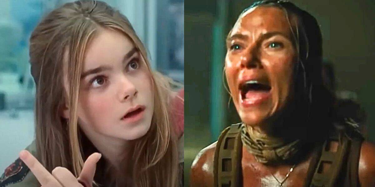Split image: Left, Maisie Lockwood giving the middle finger in 'Jurassic World Dominion, Right, Zora Bennett screaming in 'Jurassic World Rebirth'