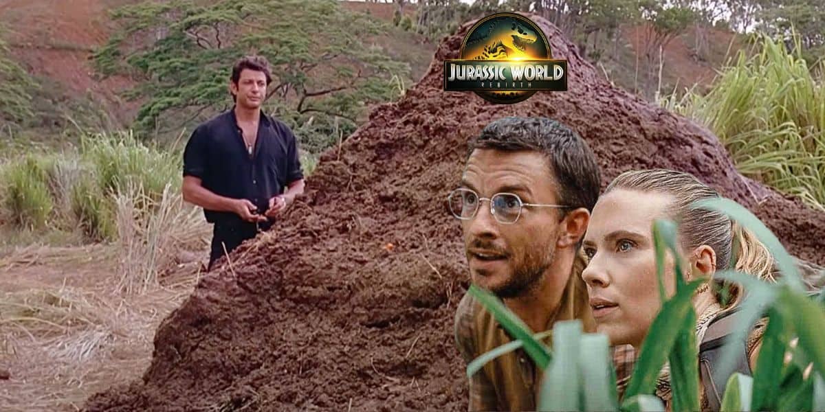 Mixed image: Ian Malcolm at the dinosaur poop in 'Jurassic Park', bottom right, Henry and Zora smiling in 'Jurassic World Rebirth', beneath the logo