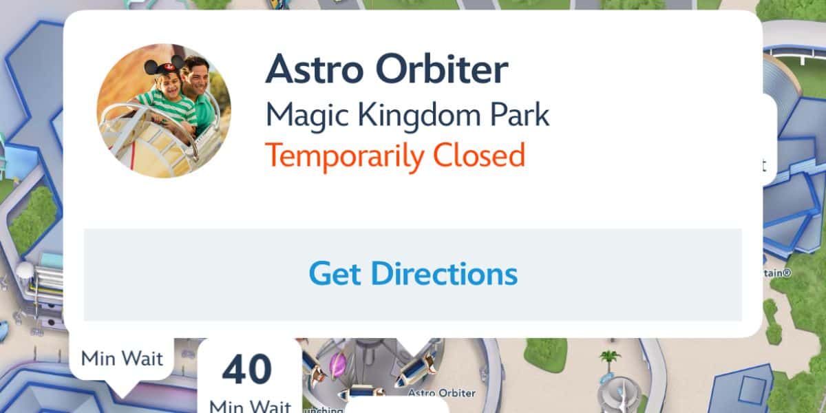 The My Disney Experience app lists Astro Orbiter as "temporarily closed" 