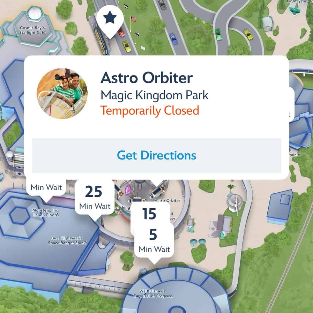The Astro Orbiter listed as "temporarily closed" on the My Disney Experience app