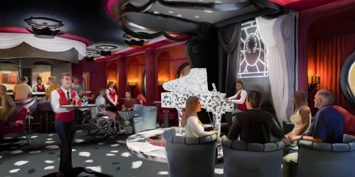 Concept art for a lounge on the Disney Villains and Heroes themed Disney Destiny ship, De Vil's