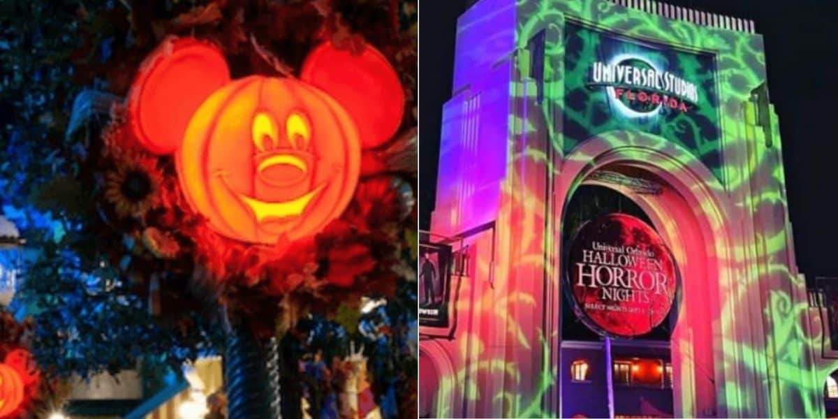 Split image: Left shows a glowing Disney Mickey Mouse pumpkin at night. Right features the Universal Studios Florida entrance lit up with colorful lights for Halloween Horror Nights—perfect inspiration for your fall vacation.