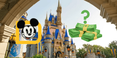 An image of Disney’s Cinderella Castle framed by an archway. A cartoon Mickey Mouse face and a stack of money with a question mark are superimposed, hinting at Disney World Annual Pass or Disney World 2025 ticket questions.