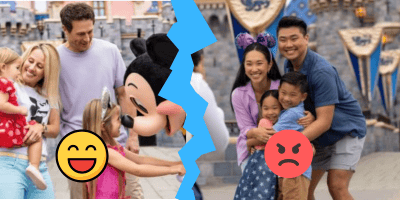 Two families at a theme park, separated by a jagged blue line. "Disney Adults Divided": On the left, in 2020, happy Disney Adults meet Mickey Mouse; on the right, an angry family stands upset in front of a castle.