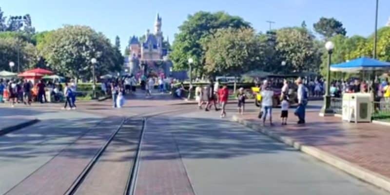 A view of Sleeping Beauty Castle from a video showing low crowds at Disneyland Resort, which the creator claims is due to ICE activity nearby.