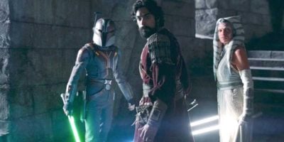 L-R: Natasha Liu Bordizzo as Sabine Wren, Eman Esfandi as Ezra Bridger, and Rosario Dawson as Ahsoka Tano