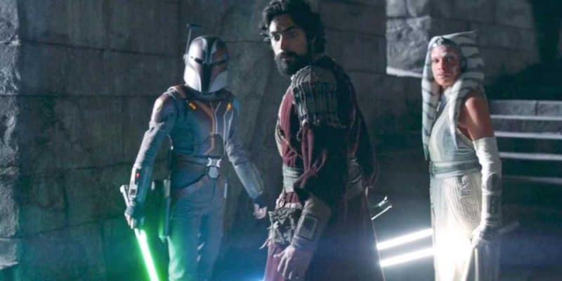 L-R: Natasha Liu Bordizzo as Sabine Wren, Eman Esfandi as Ezra Bridger, and Rosario Dawson as Ahsoka Tano