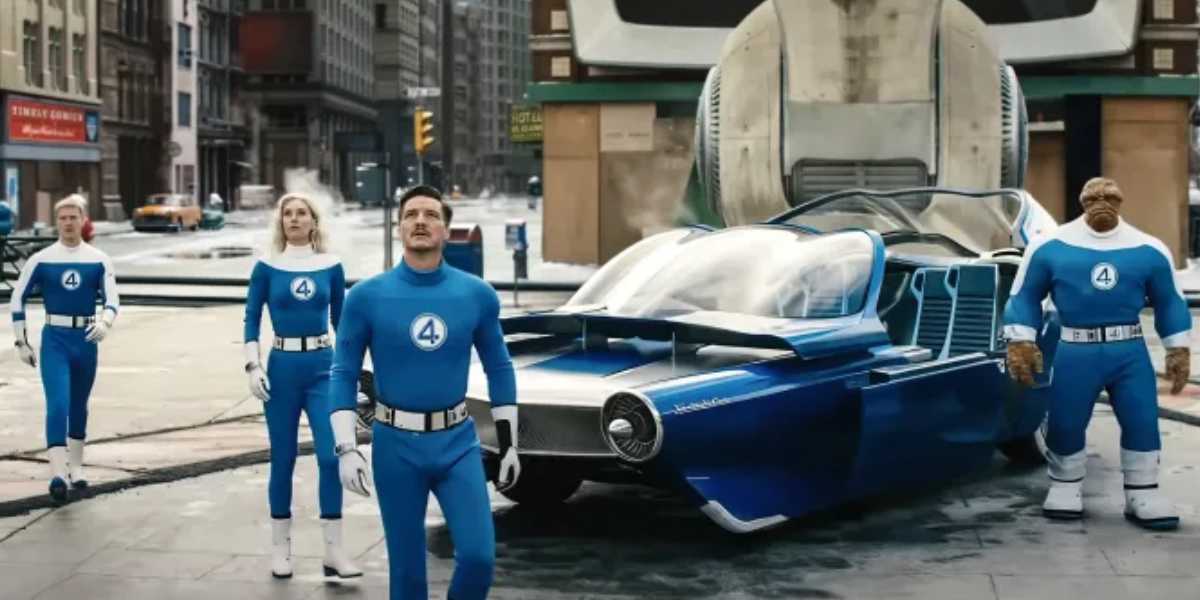 L-R: Joseph Quinn as Johnny Storm, Vanessa Kirby as Sue Storm, Pedro Pascal as Reed Richards, and Ebon Moss-Bachrach as Thing