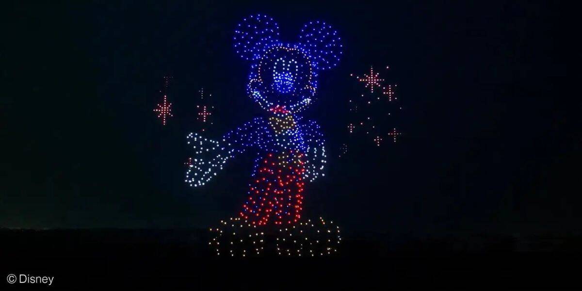 Drones form a giant Mickey Mouse in the sky.